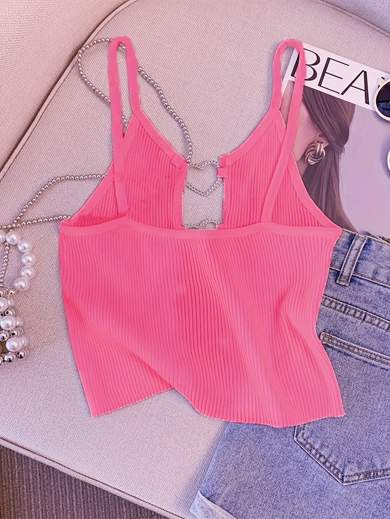 Women's Sexy Sleeveless Ribbed Knit Crop Top with Heart Cutouts & Rhinestone Accents - Vibrant Pink 100% Polyester Summer Casual Top for Spring/Summer Outfits, Ladies Tops And Blouses for Summer